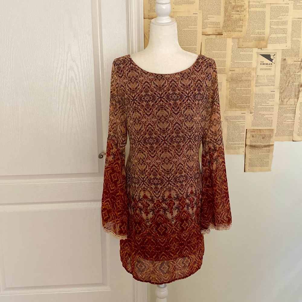 Xhilaration Retro Print Scoop Back Dress with Embroidered Bell Sleeves